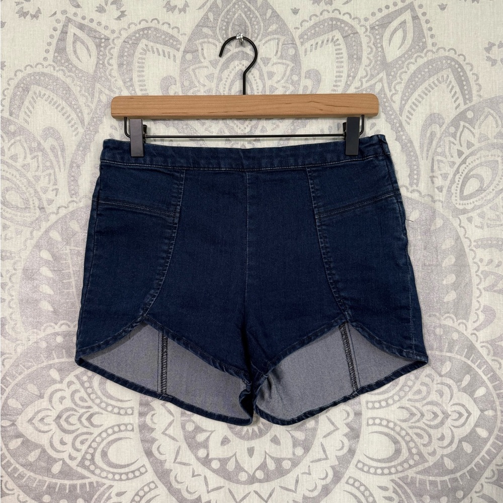 Nice $98 Free People Tulip High Waisted Shorts Cut Out V Thigh Dark Blue Jean 29